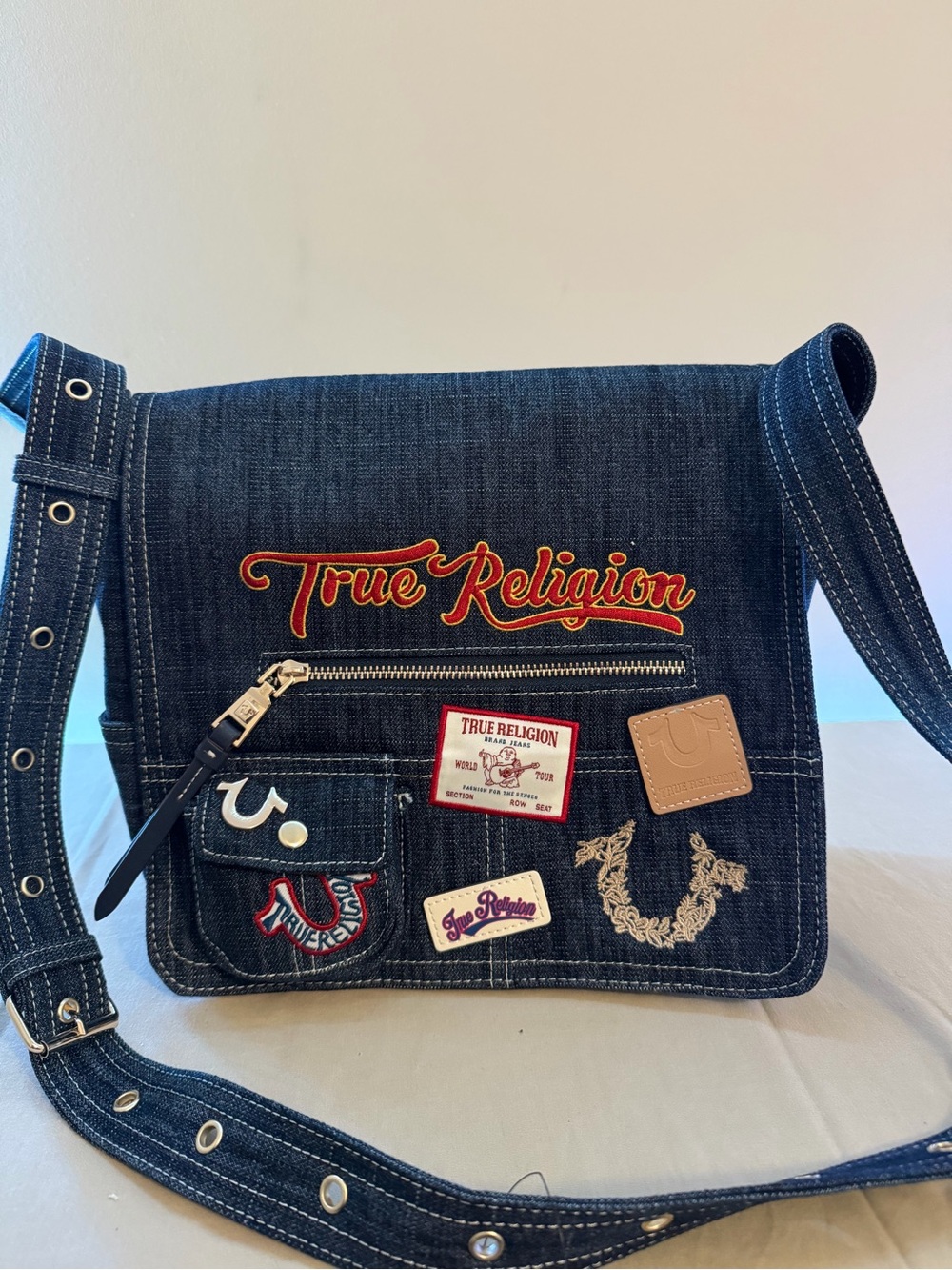 True Religion Navy Denim Crossbody with Red Script Logo